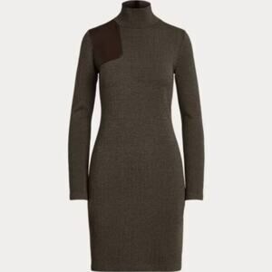 RALPH LAUREN Black Label Collection $198 Brown Ponte Leather Trim Dress Size 2X